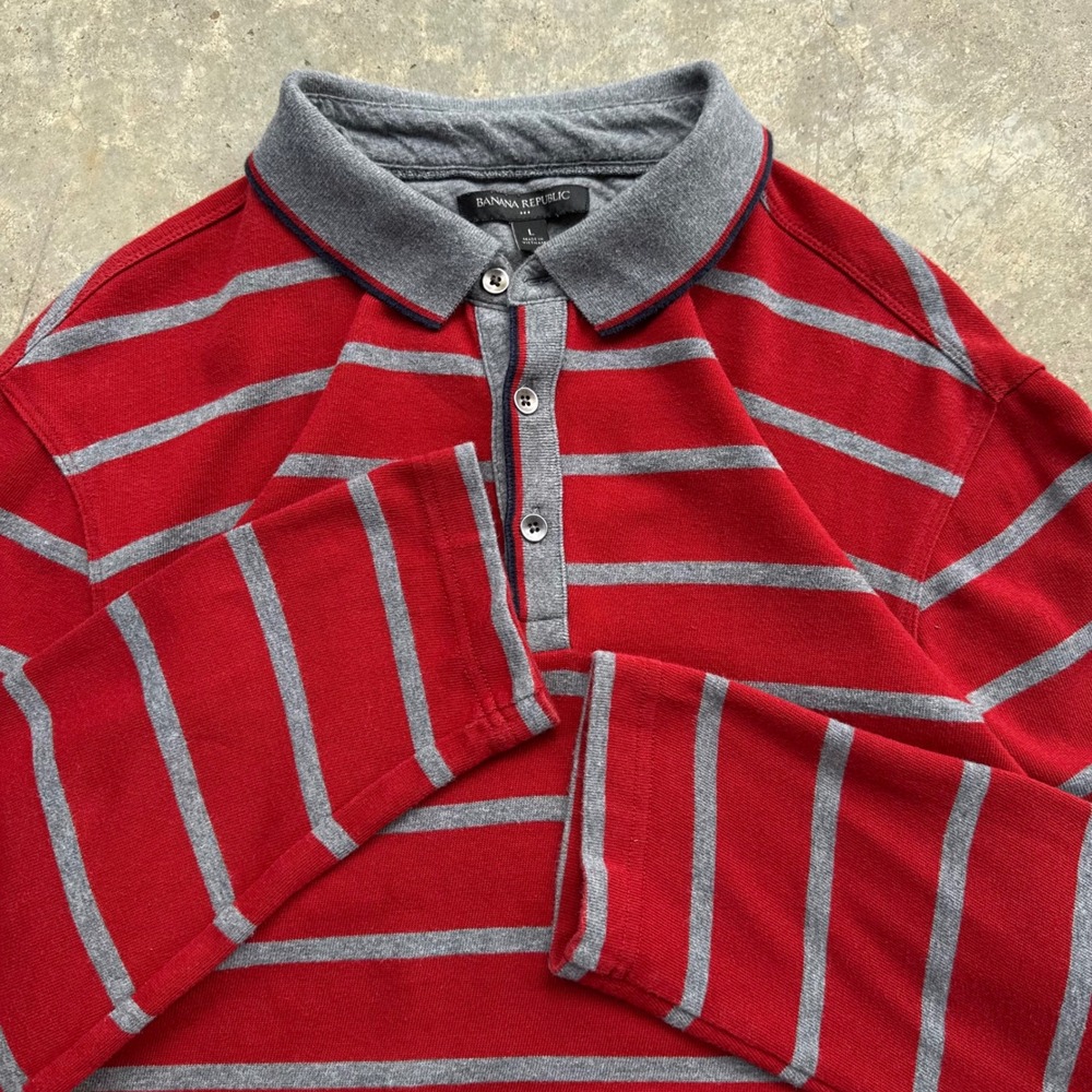 Vintage 2000s Banana Republic Rugby Polo Shirt Red Grey Striped Large (d8)